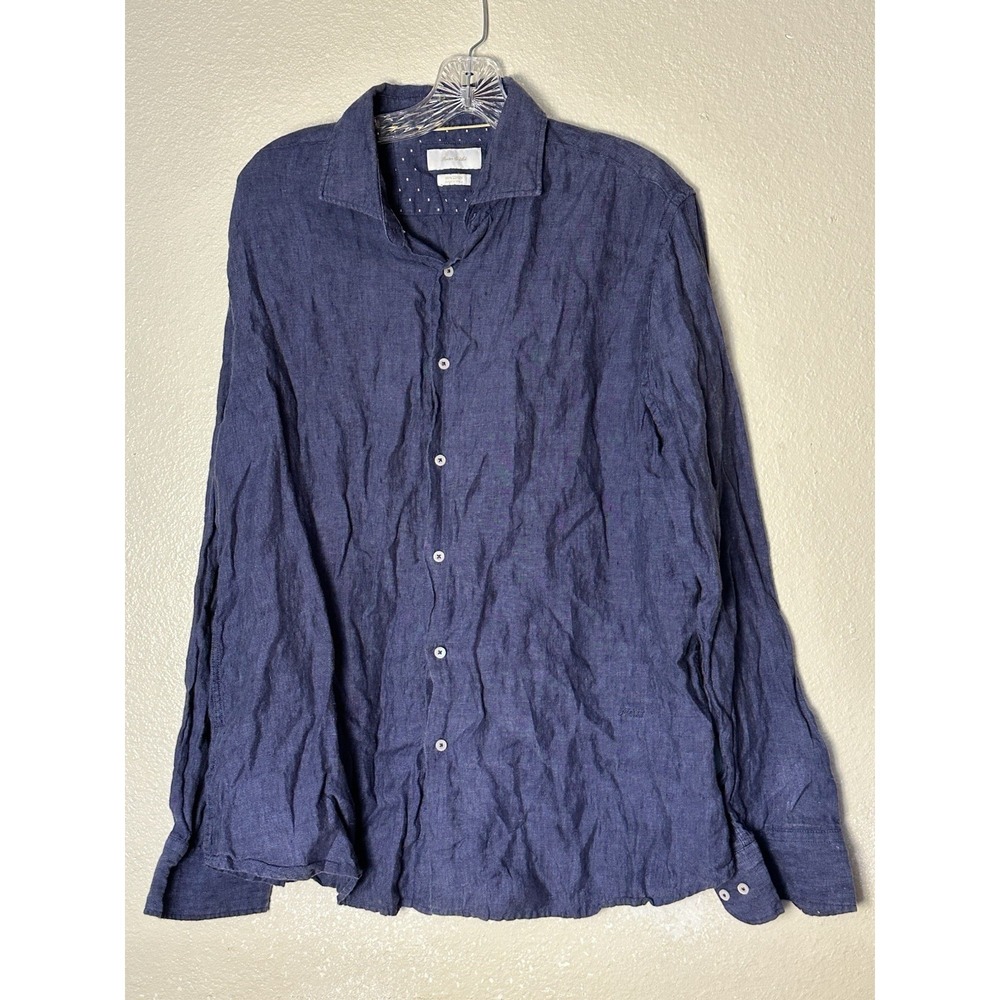 Porter & Ash Linen Shirt Long Sleeve Navy Blue Button Down Size XL